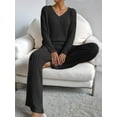 thumbnail image 6 of Womens Ribbed Knit 2 Piece Sets Long Sleeve Sweater and Wide Leg Pants Loungewear Pajamas Set Black L, 6 of 8