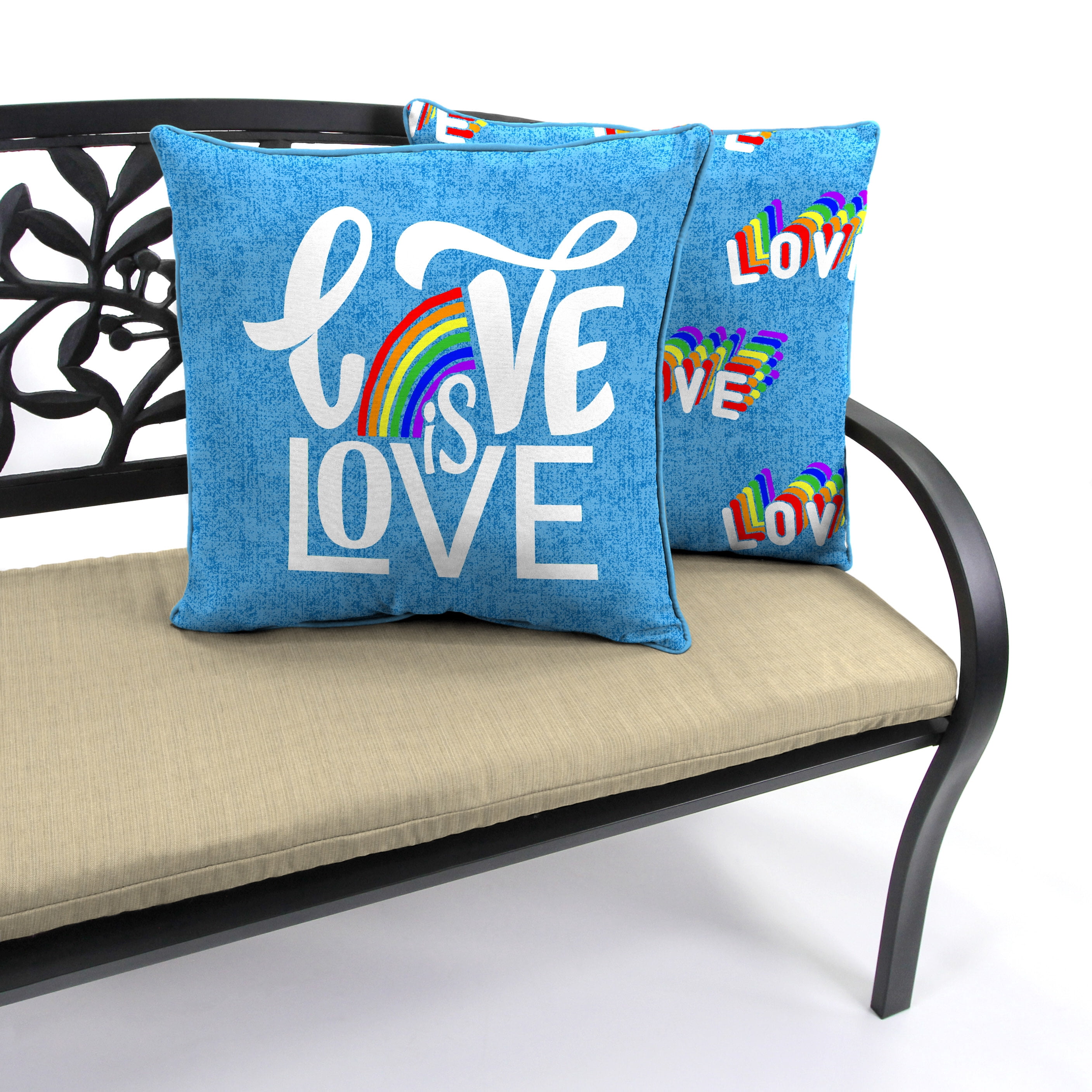 Jordan Manufacturing 16" x 16" Love is Love and Rainbows Light Blue Novelty Reversible Square Outdoor Throw Pillow with Welt