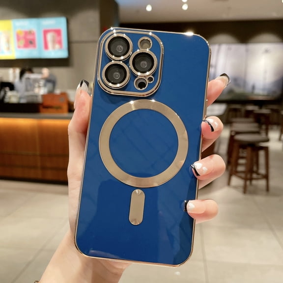 Cover for iPhone 14 Pro Case, Compatible with MagSafe Camera Lens Protector Plating Magnetic Luxury Cover for Women Men Clear Soft TPU Shockproof Protective Phone Case, Darkblue