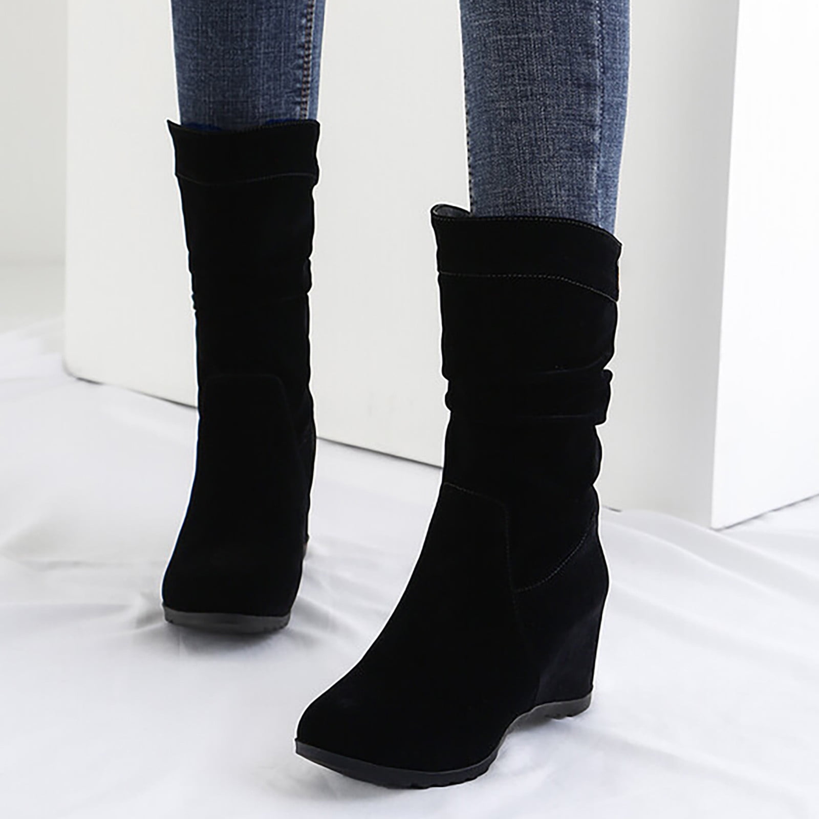 Black wedge calf length boots hotsell