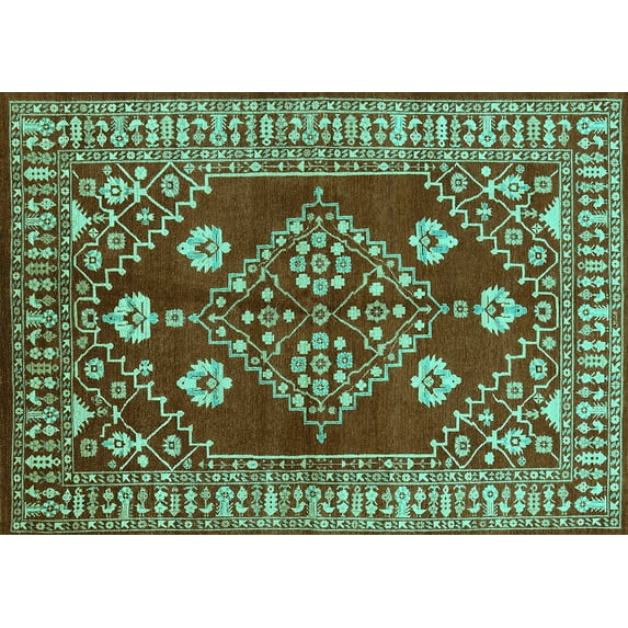 Ahgly Company Machine Washable Indoor Rectangle Oriental Turquoise Blue Industrial Area Rugs, 3' x 5'