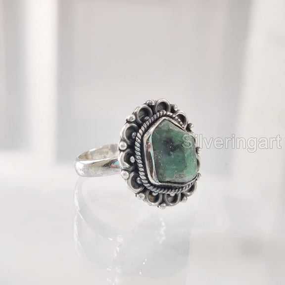 Natural Emerald Ring, Rough Emerald Gemstone Ring, AAA May Birthstone, Bohemian Ring, 925 Sterling Silver, Womens Ring, Christmas, Thanksgiving, Handmade, Statement Jewelry, Rough Gemstone Jewelry