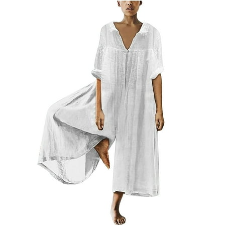 

Holloyiver Jumpsuits for Women Summer DressyLoose Cotton Linen Sets 3/4 Sleeve Square Neck Pleated One Piece Romper Overalls Zipper JumpsuitsWhite
