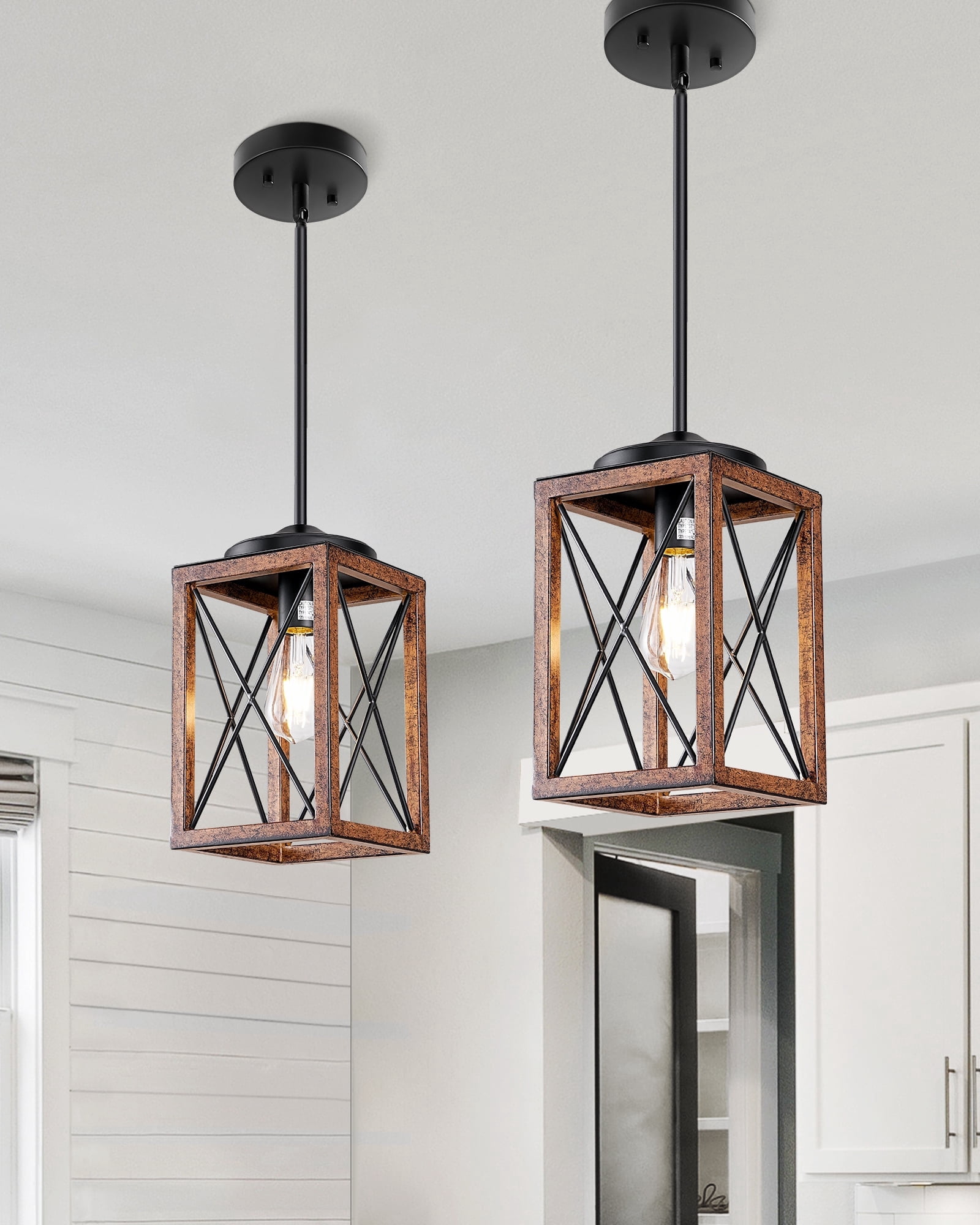 DEWENWILS 2 Pack Farmhouse Pendant Lighting for Kitchen Island, Wood and Metal Hanging Light Fixture for Dining Room, Adjustable Height