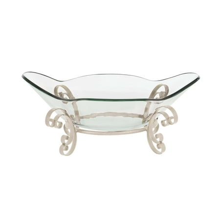24' Bowl Shade Decmode Glam 10 X 24 Inch Clear Glass Boat-Shaped Bowl With Gray Metal Frame Stand, Clear, Gray ()