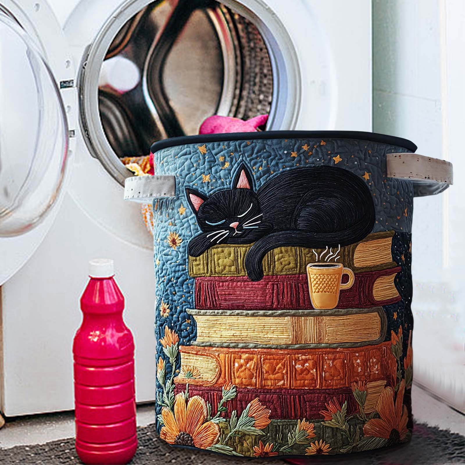 Laundry Organizer Bin, Quilted Embroidered Storage Basket, Foldable Fabric Hamper, Dirty Clothes Holder for Bedroom Bathroom Closet