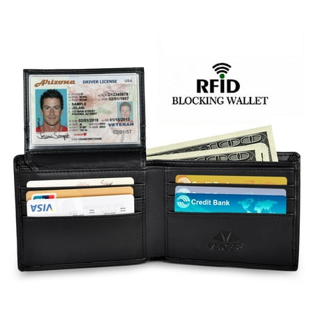 Mens Genuine Leather Bifold Wallet with 2 ID Window and RFID Blocking