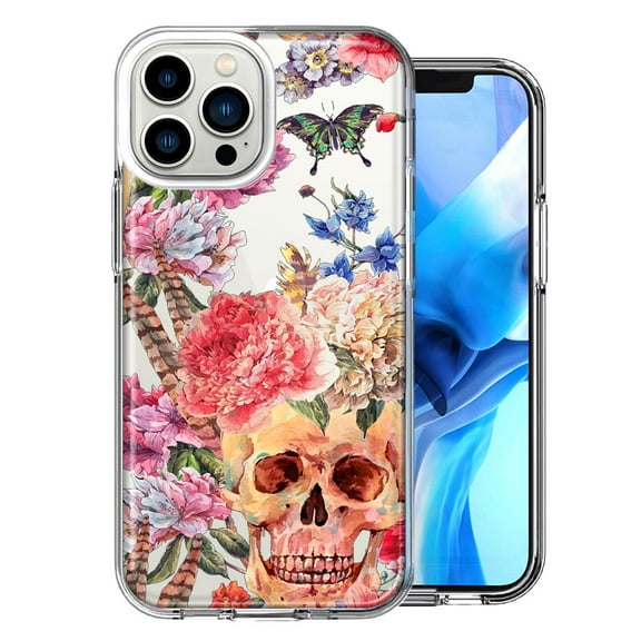 MUNDAZE Case for Apple iPhone 15 Pro Max Slim Hard Shell Soft TPU Hybrid Shockproof Heavy Duty Protective Phone Cover - Indie Spring Peace Skull Feathers Floral Butterfly Flowers Design