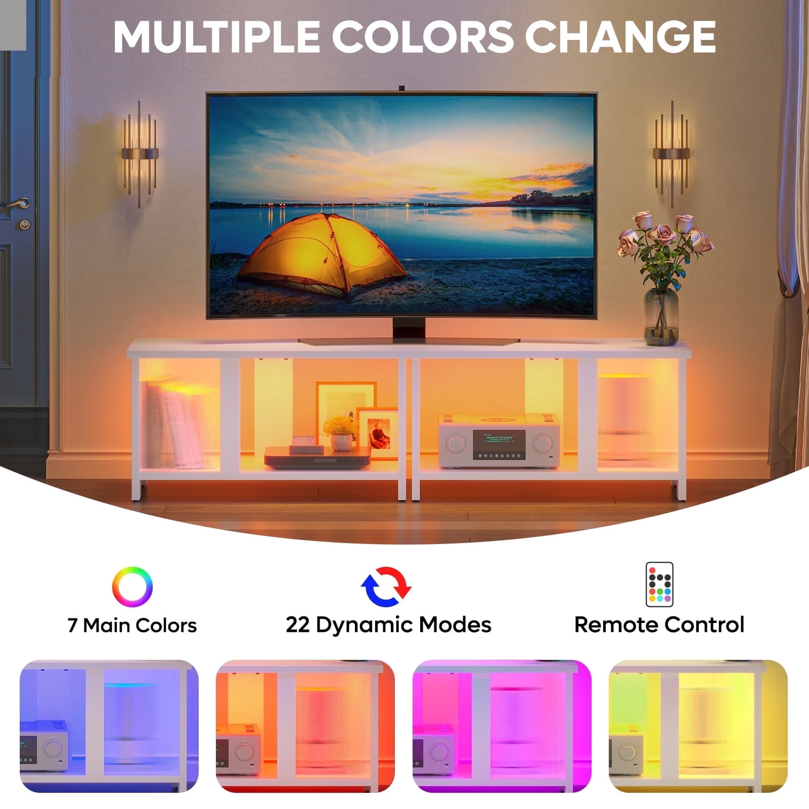 Pinmoco LED TV Stand for TVs up to 65'', Expandable Side by Side or Stacking TV Stand with Storage, White
