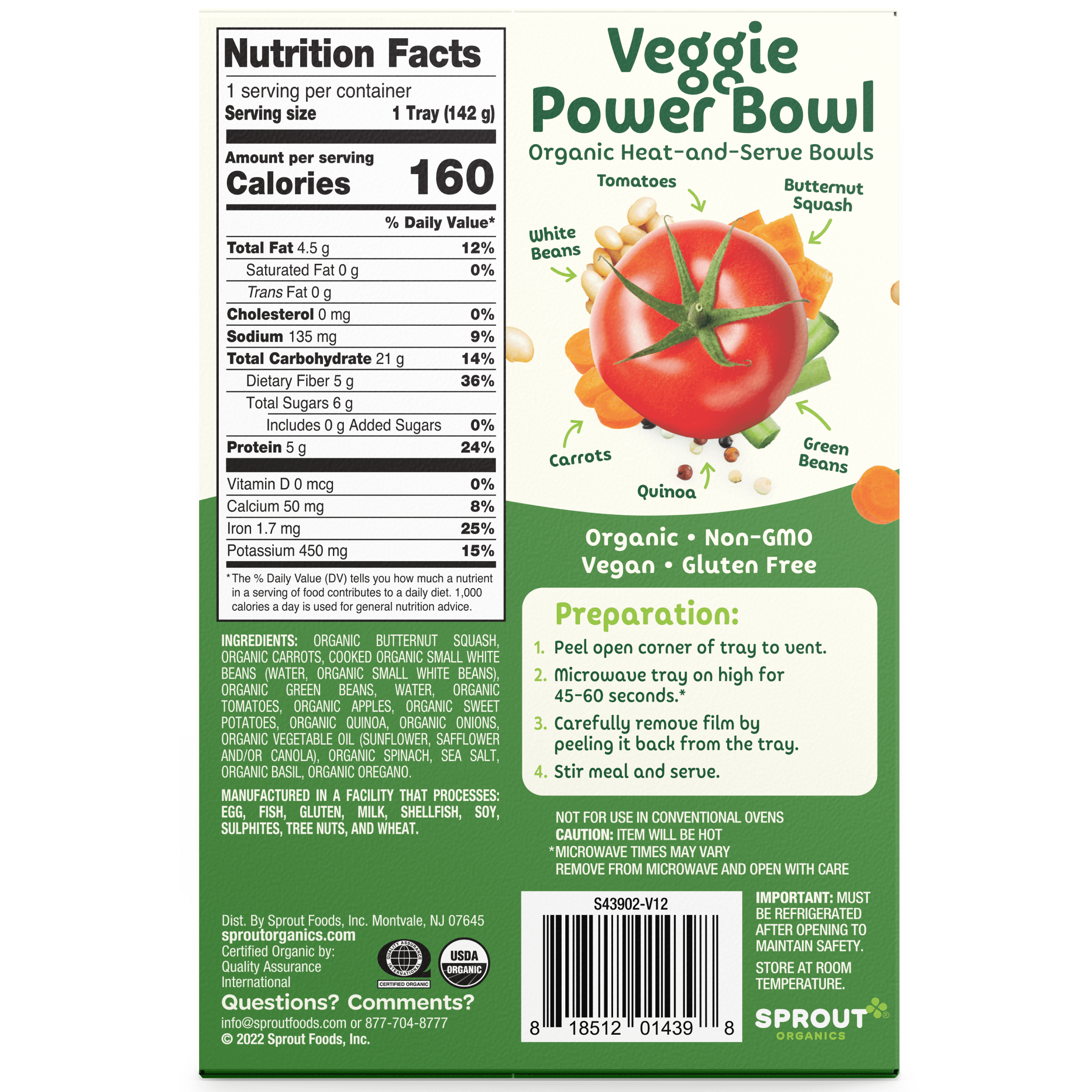 Sprout Organics Toddler Food, Organic Veggie Power Bowl Toddler Meal, 5 oz Tray