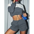 thumbnail image 2 of KelaJuan Women Shorts Set, Long Sleeve Stand Collar Zipped Sweatshirt with Shorts Contrast Color Activewear Fall Outfit, 2 of 6