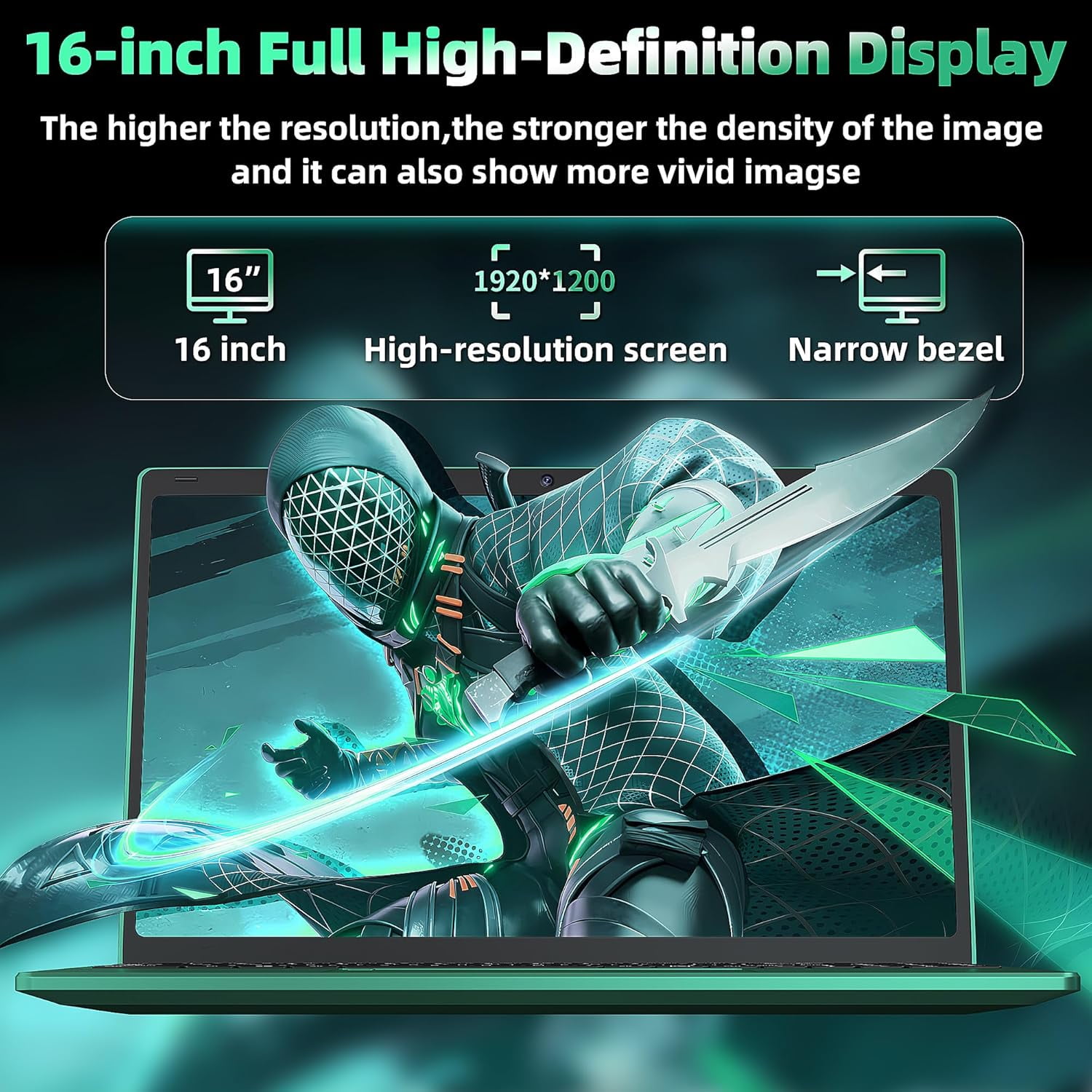 Rumtuk 16" Green Laptop, DDR4 16GB RAM, 1TB SSD, Win 11 Pro/Office 2019, Celeron N5105 CPU, FHD IPS Display, Backlit KB, Fingerprint, USB 3.0, HDMI, WiFi/BT, PC Notebook for Work, Study
