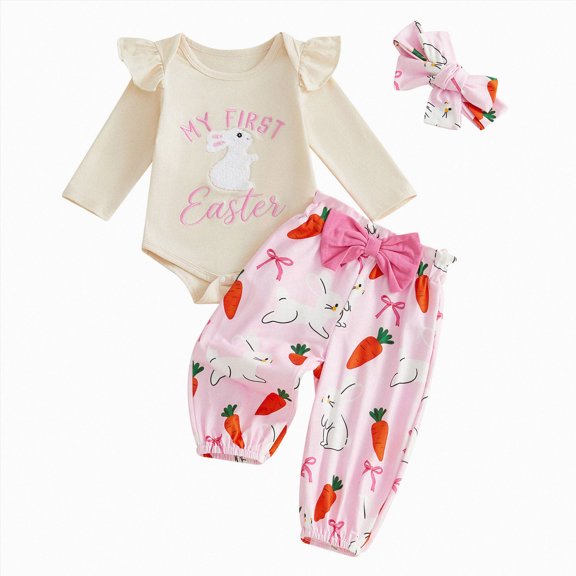 Staki Baby Outfit Newborn Baby Girl Clothes Outfits Little Girl Bodysuit Pants Headband Cute Coming Home Outfit 0 3 Months(Beige, 0-3 Months)