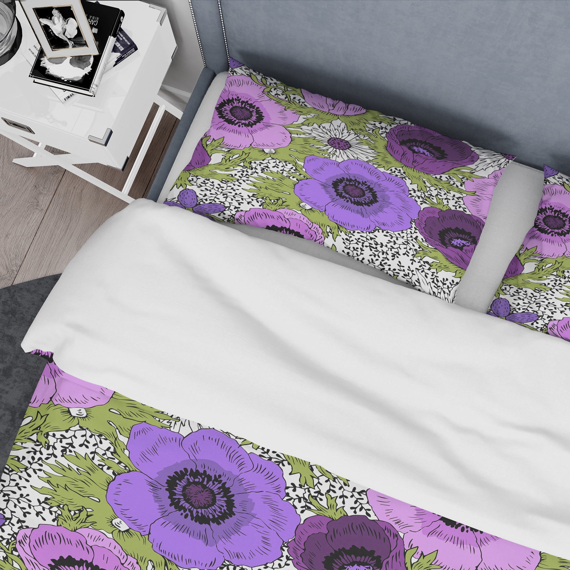 Designart 'Purple Retro Fantasy Flowers' Mid-Century Modern Duvet Cover Set