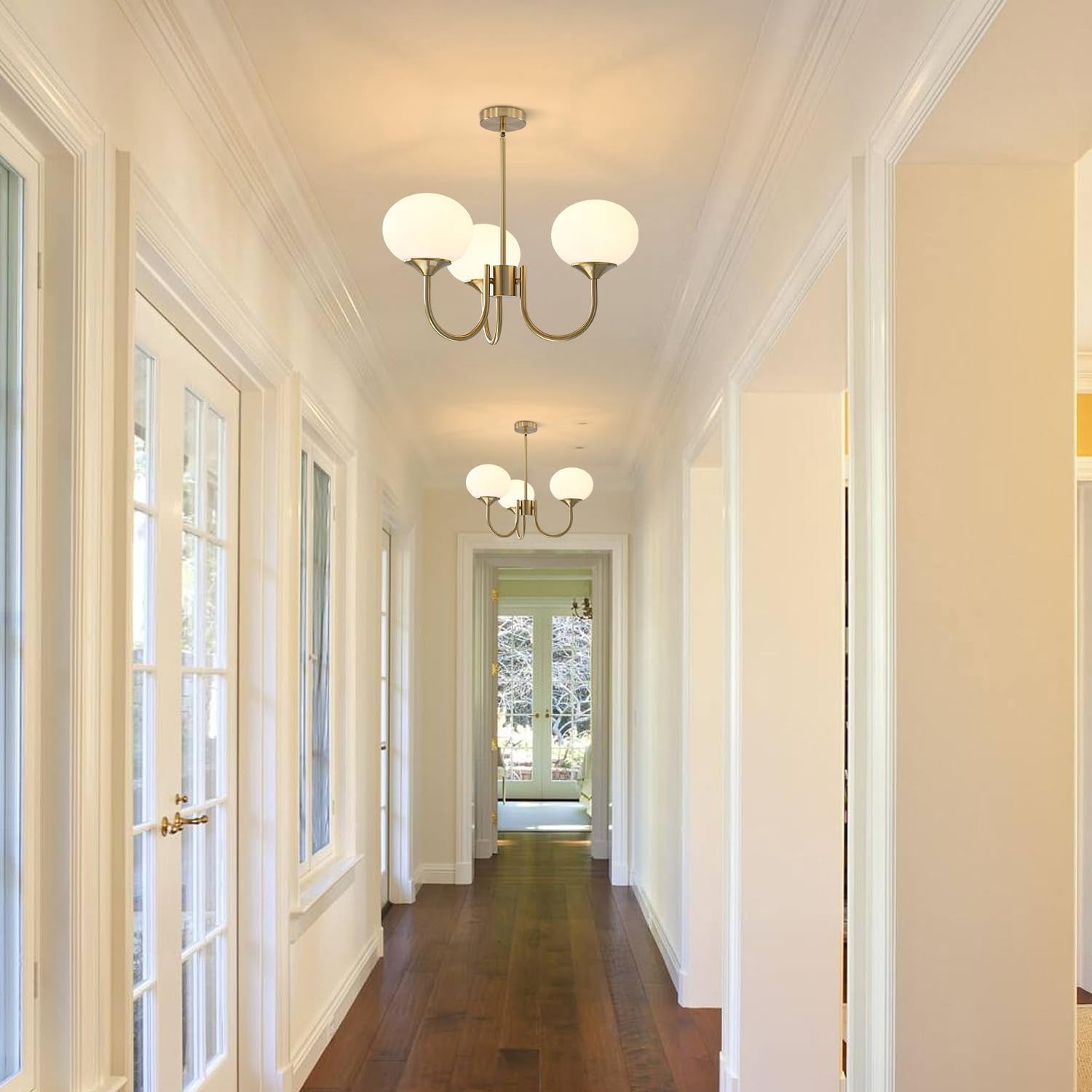 KCO Lighting 3 Light Vintage Gold Chandelier Milk Glass Globe Chandeliers Dining Room Kitchen