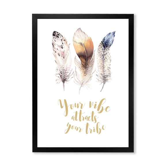 Multicolored Ethnic Art Feathers With Inspiring Quote 30 in x 40 in Framed Painting Canvas Art Print, by Designart