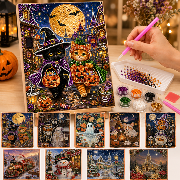 Pearl Art Kits for Adults, 3D Pearl Diamond Painting Kit with Sparkling Beads and Gems, Halloween Christmas Holiday Wall Decor Craft, DIY Seasonal Artwork for Beginners Home Decoration Gift
