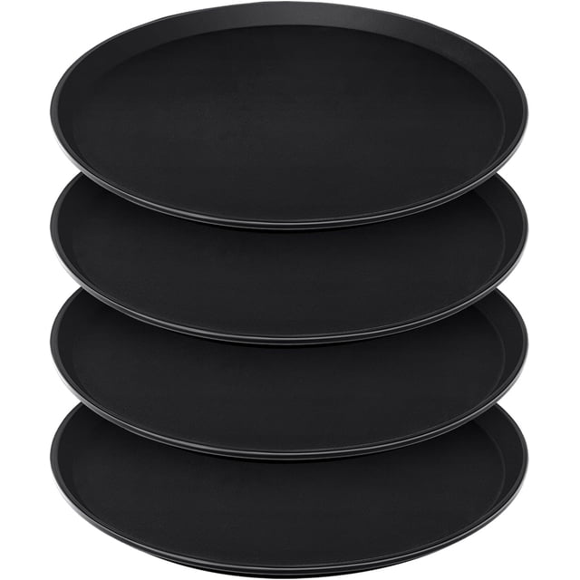 4 Pcs 16 Inch Restaurant Serving Trays, Black Plastic Non Slip Round Tray, Large Food Crawfish Server Tray for Home, Restaurant, Kitchen, Cafeteria, Bar, Hotel(Black)