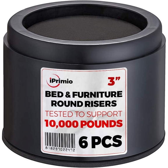 Iprimio 3" Bed and Furniture Risers - 6-Pack Black Round Elevators - Supports 10K LBs - Protects Floors - Durable ABS Plastic - Anti-Slip Foam Grip