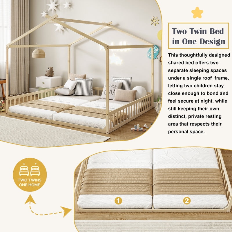 Double Twin Size House-Shaped Canopy Floor Bed with Safety Guardrails, Kids Wooden Low Profile Bed Frame with Open Roof Design