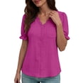 thumbnail image 2 of CAIVO Women Summer Short Sleeve Shirt Fashion Hollow Out Blouse With Pocket V-Neck Casual Birthday Solid Color Back To School Tops, 2 of 5