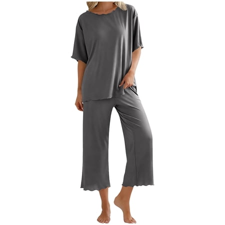 QSAWXQZ Women s Pajama Pant Set Crew Neck Short Sleeve Ice Silk Top and Wide Leg Cropped Trousers Lettuce Trim Soft Comfort Loungewear Breathable Sleepwear XL