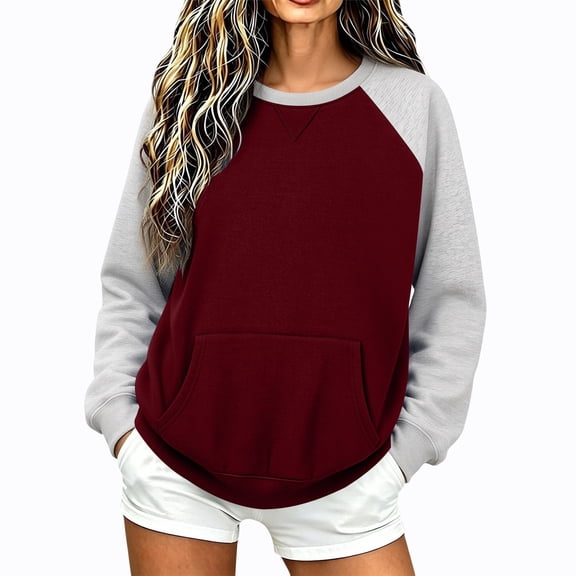 Enjoytime Women Sweatshirt Patchwork Long Sleeve Pullover Tops Fall Winter Fleece Casual Crew Neck Sweatshirts with Pockets