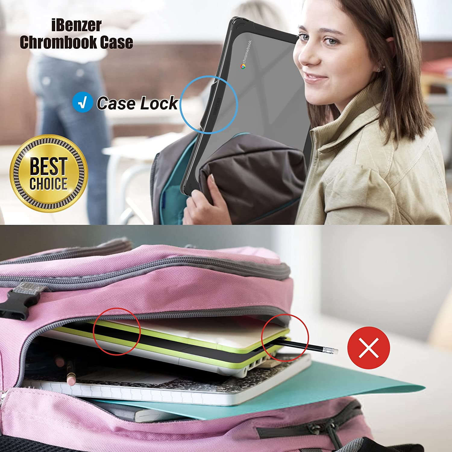 iBenzer Hexpact Case for Lenovo 300e/300w/500e/500w Gen 3 Chromebook 2-in-1 11", Heavy Duty Case for K-12 Students, Protective Case with Screen Lock, BK, W-LNV300E3-BK