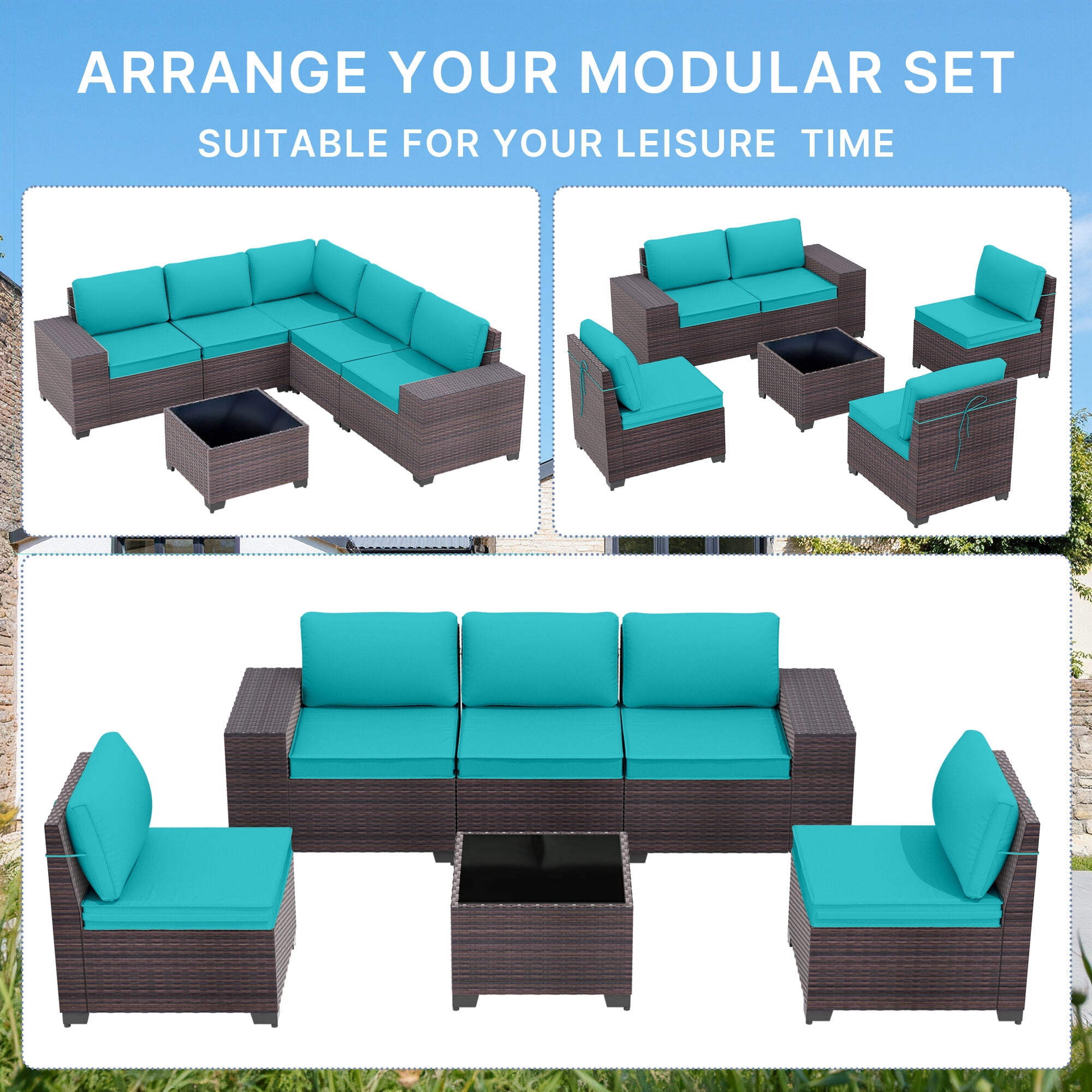 ALAULM 6 Pieces Patio Conversation Set, Outdoor Sectional PE Rattan Wicker Furniture Seat,Blue