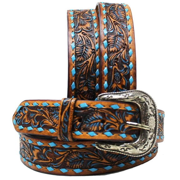 37-38  Men's 1-1/2" Wide Tan Leather Floral Tooled Casual Jean Belt 26FK15