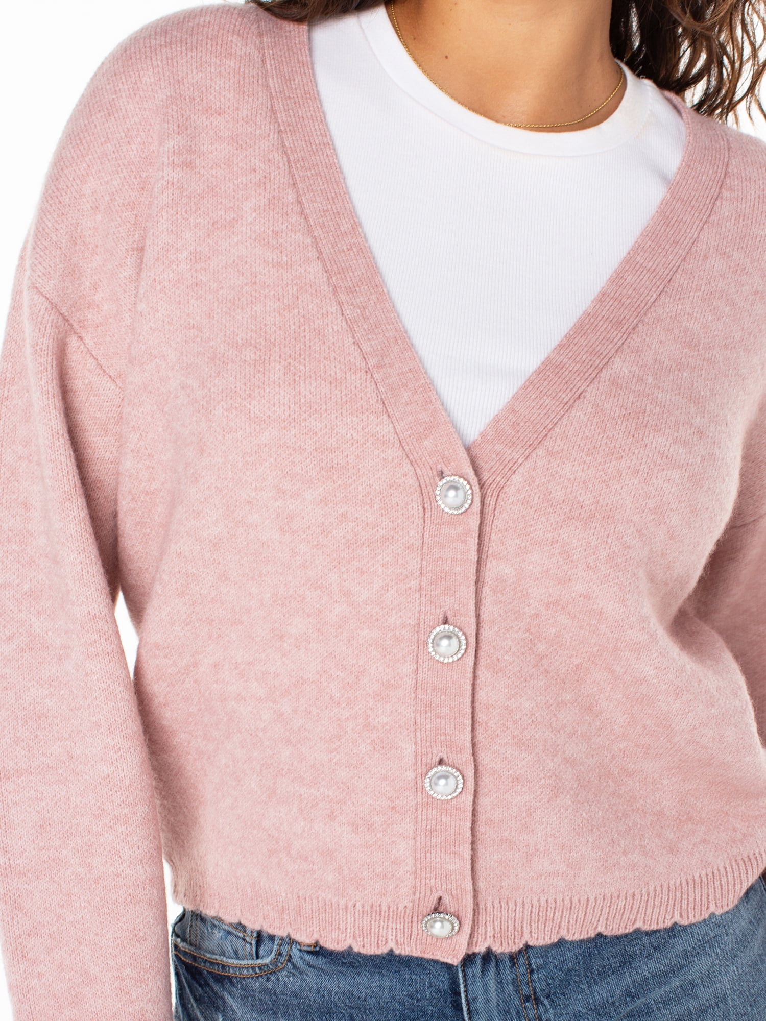 Celebrity Pink Women's Scalloped Hem Jewel Button Cardigan Sweater with Long Sleeves, Sizes XS-XXXL