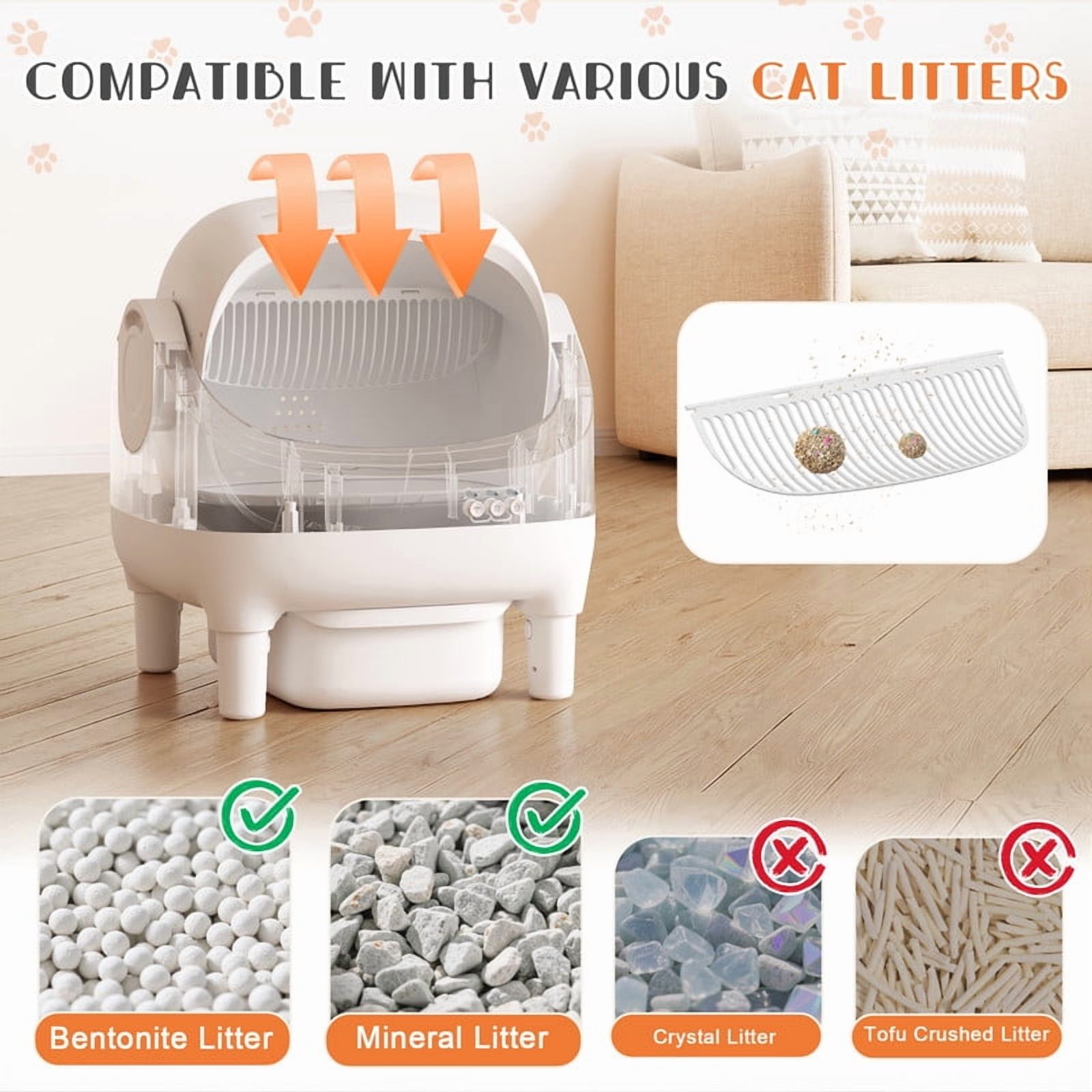 Homall Automatic Self-Cleaning Cat Litter Box – Large Open-Top Design for Multi-Cat Families, Integrated Safety Protection, Includes Trash Bags, White