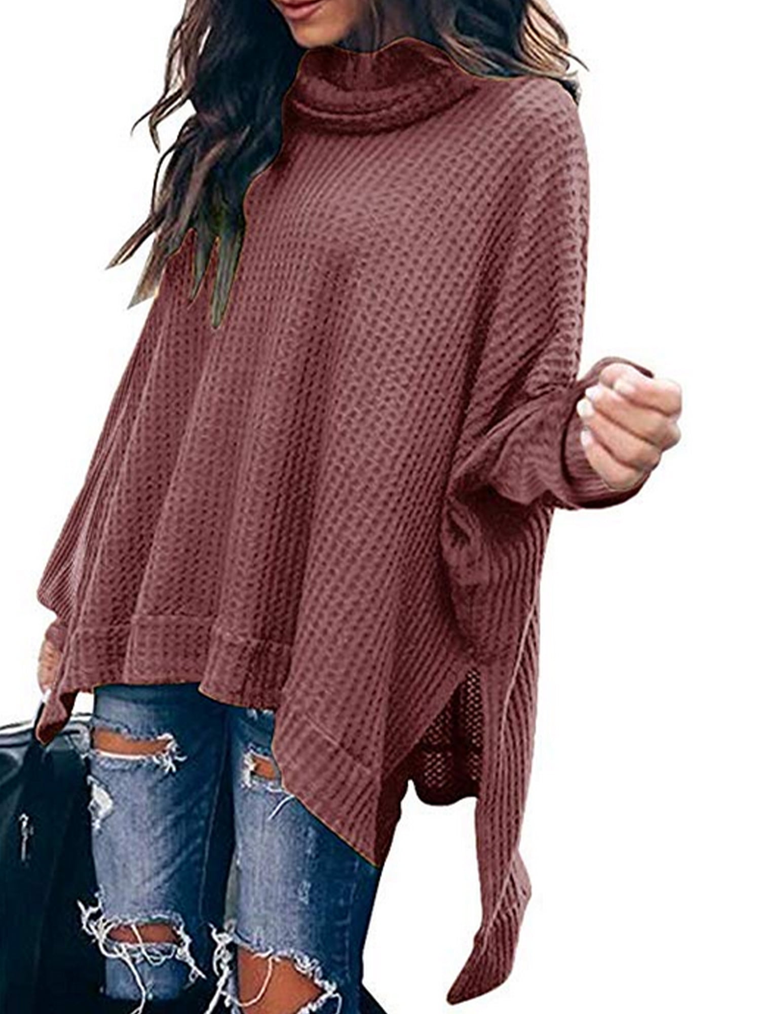 Women Turtle Cowl Neck Long Batwing Sleeve Waffle Knit Pullover Sweaters Oversized Loose Fit High Low Tops Shirt Kaitobe
