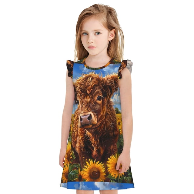 Balery Cloud Sky Sunflower Cow Camisón de princesa para niñas, pijama de algodón con mangas abullonadas, suave y bonito.-Large