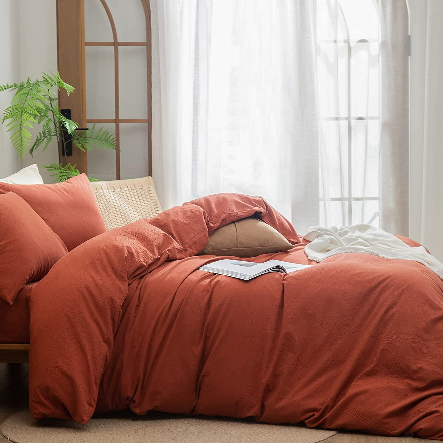 BESTOUCH Duvet Cover Set Full 100% Washed Cotton Linen Feel Soft Chic Lightweight 3Pcs (Burnt Brick Red, 80"x90")