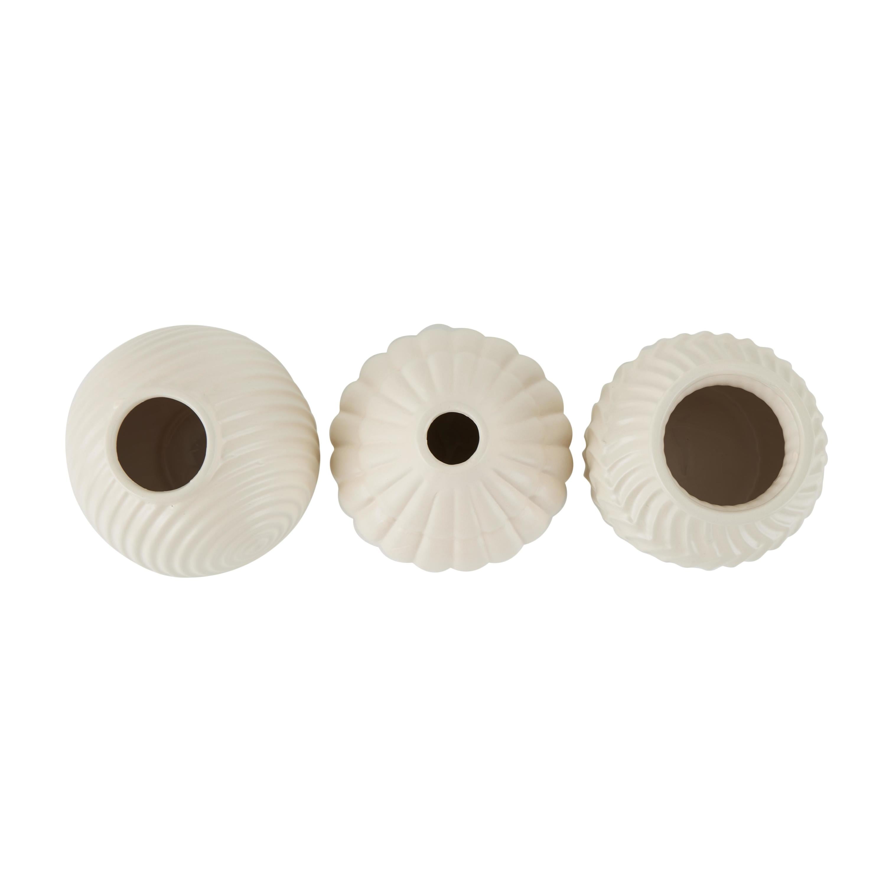 DecMode 5"W, 6"H Abstract Small Textured Cream Ceramic Vase with Varying Shapes and Patterns, Set of 3