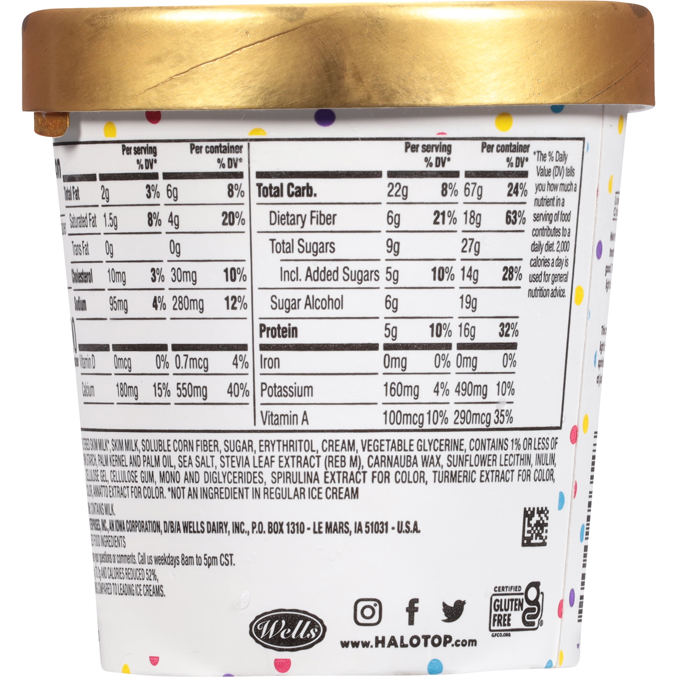 Halo Top Birthday Cake Light Ice Cream, With A Good Source of Protein, Lower Calorie Frozen Dessert, 16 fl oz Pint