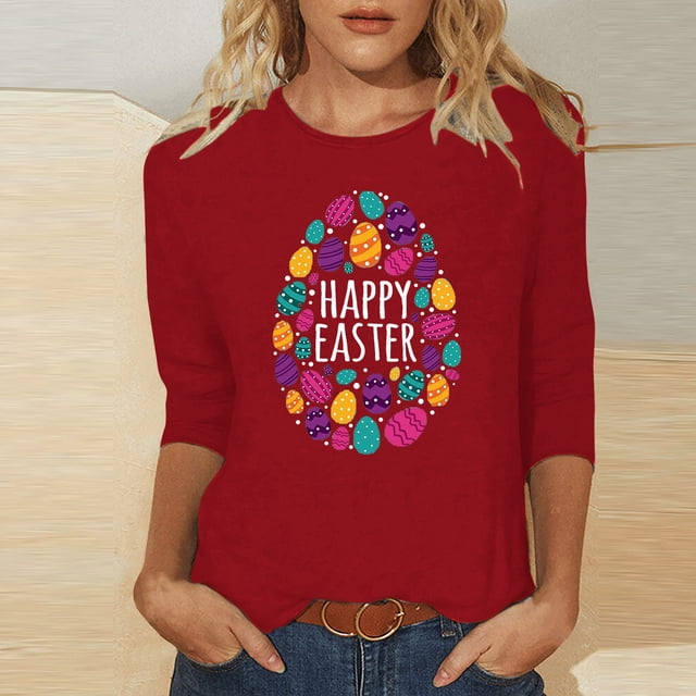 EGNMCR Easter T-Shirt Imprimé Graphique pour Femmes, Mode Décontractée de Noël, Col Rond, Manches 3/4, T-Shirts pour Femmes