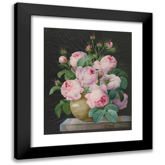 Pierre Joseph Redouté 12x14 Black Modern Framed Museum Art Print Titled - Pink Roses in a Vase (1838)