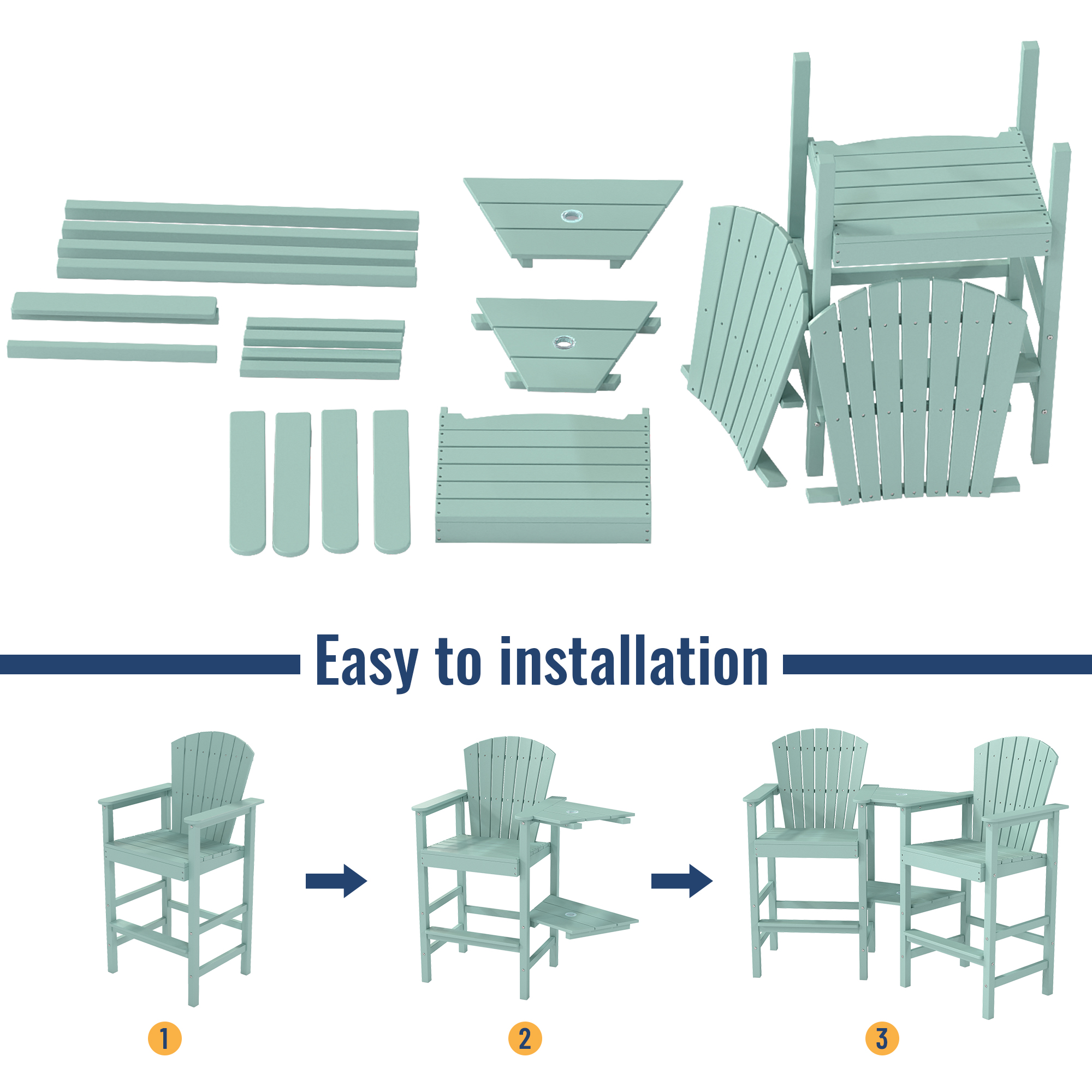 Tall Adirondack Chair Set of 2, HDPE Balcony Chair with Double Connecting Tray, Outdoor Weather Resistant Adirondack Chair, Aruba Blue