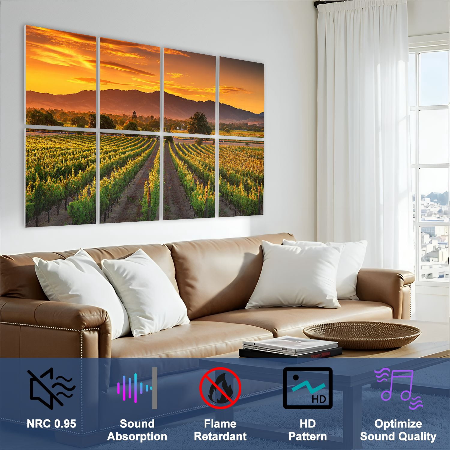8 Pack Art Acoustic Panels Sound Absorbing Valley California Field Harvest for Winery Decorative Soundproof Wall Panels Self Adhesive for Nursery Game Room Bedroom 48"x32"