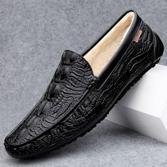 Winter Men's Casual Loafers Slip On Outdoor Fuzzy Furry Loafers Leather Warm Comfortable Shoes Male Driving Shoes Moccasins Classic Penny Loafer Flats Boat Shoes