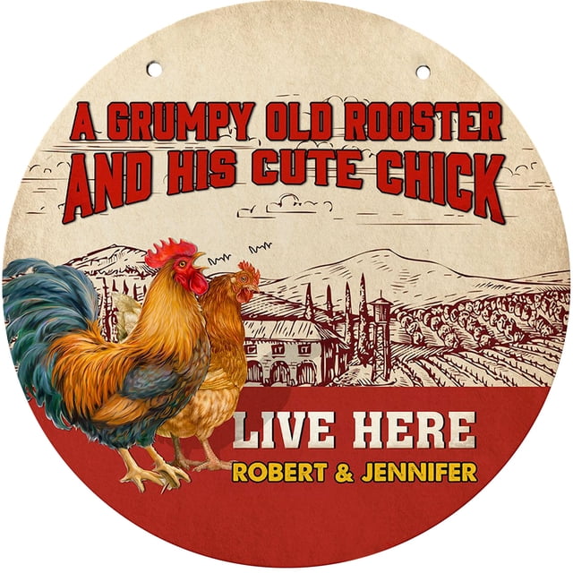 Panneau en Bois Rond Vie Ici Vieux Coq et Son Mignon Poussin
