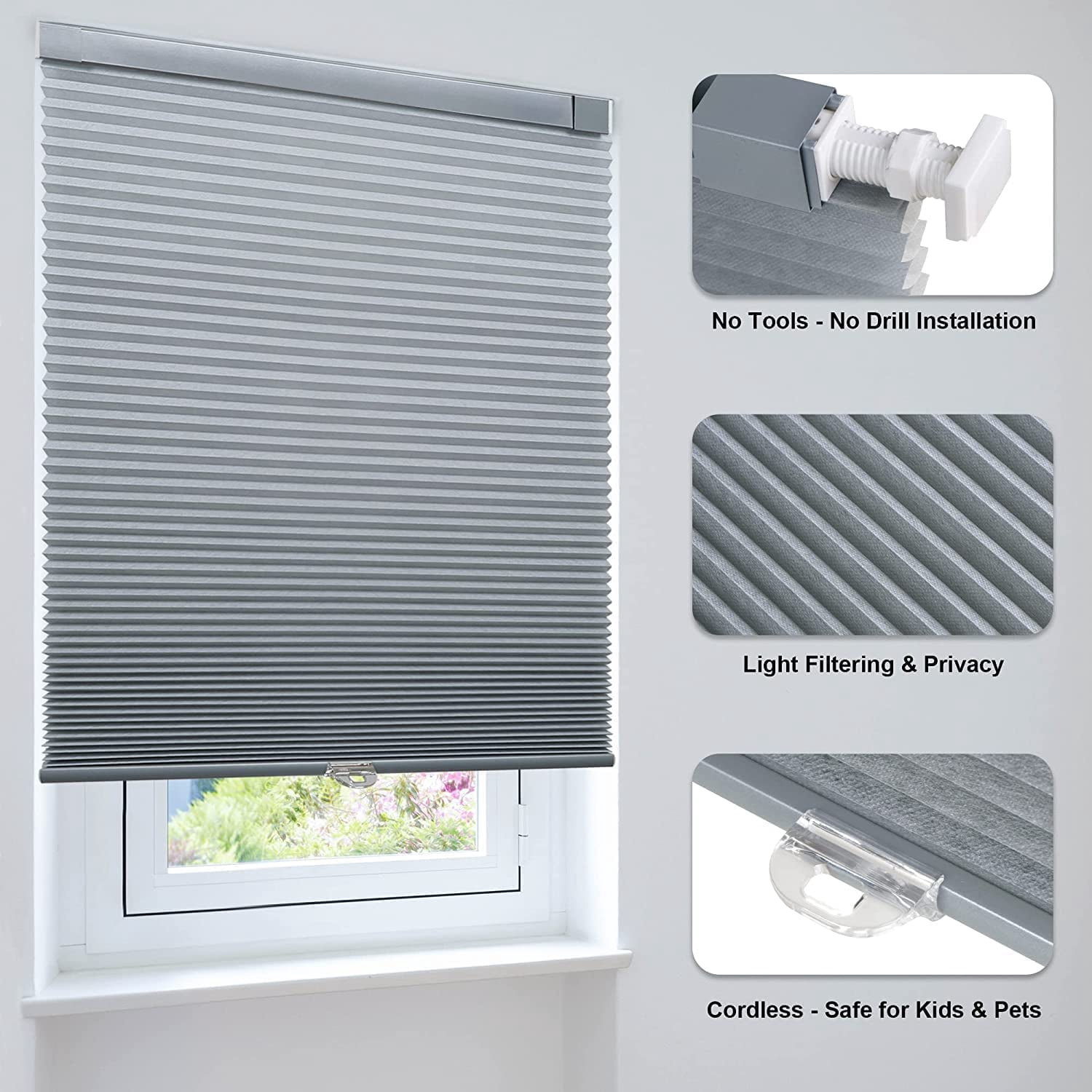 LazBlinds Cordless Cellular Shades, No Tools No Drill Light Filtering Honeycomb Shades Pleated Blinds for Windows, 35 1/2'' W x 64'' H, Dark Grey