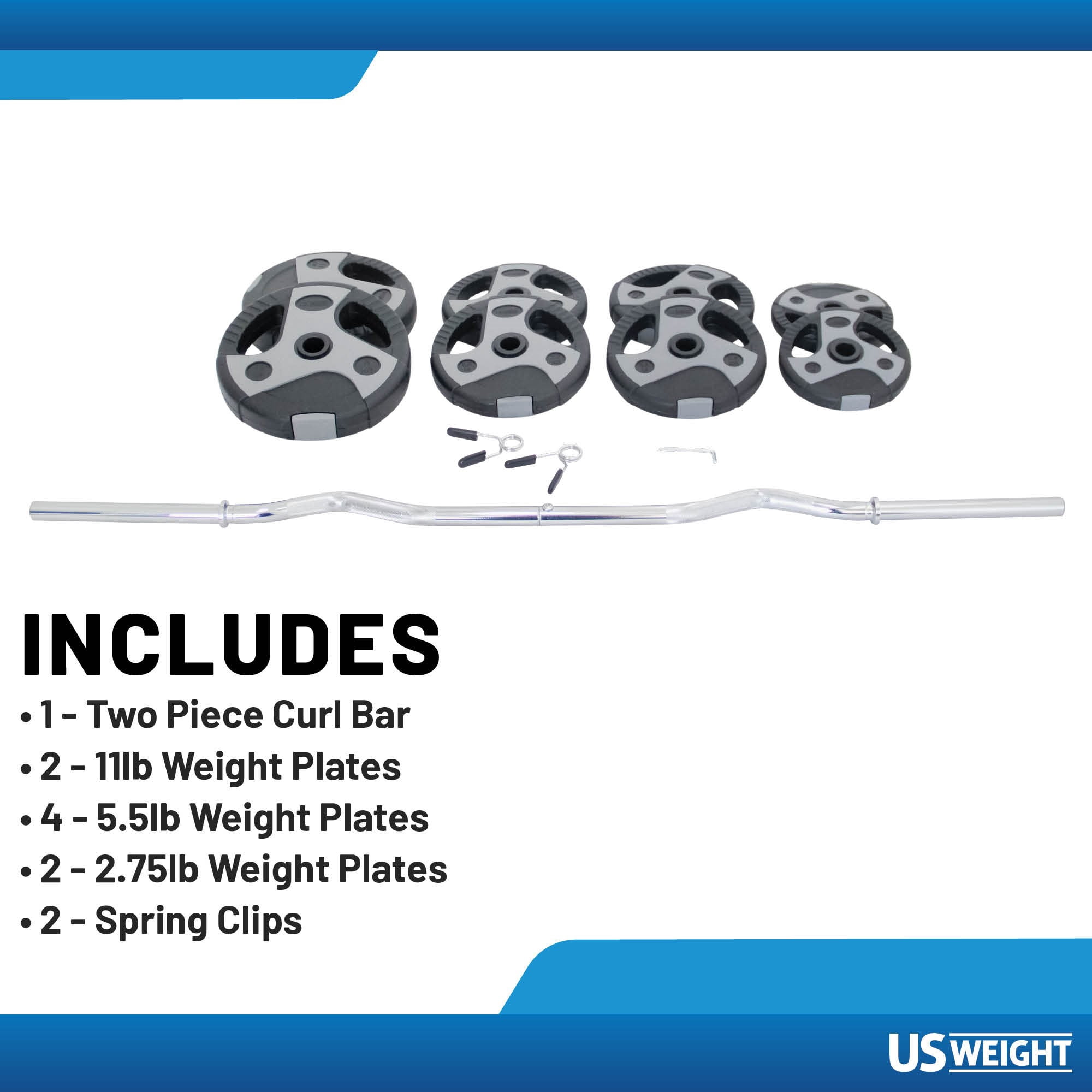 US Weight 60lb Curl Bar Weight Set with Spring Clips – Adjustable Workout Set for Home Gym