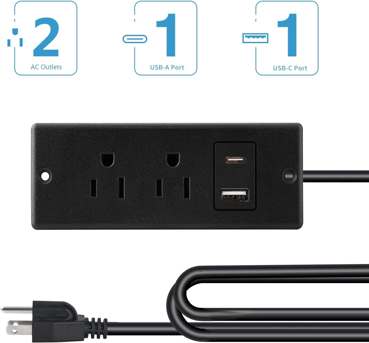 RGHJAR-Recessed Power Strip with USB-C and USB-A, 2 AC Outlets, in-Desk Flush Mount Power Strip, 125V 12A 1500W, for Desk Countertop Kitchen Island (Black, 4.9FT)