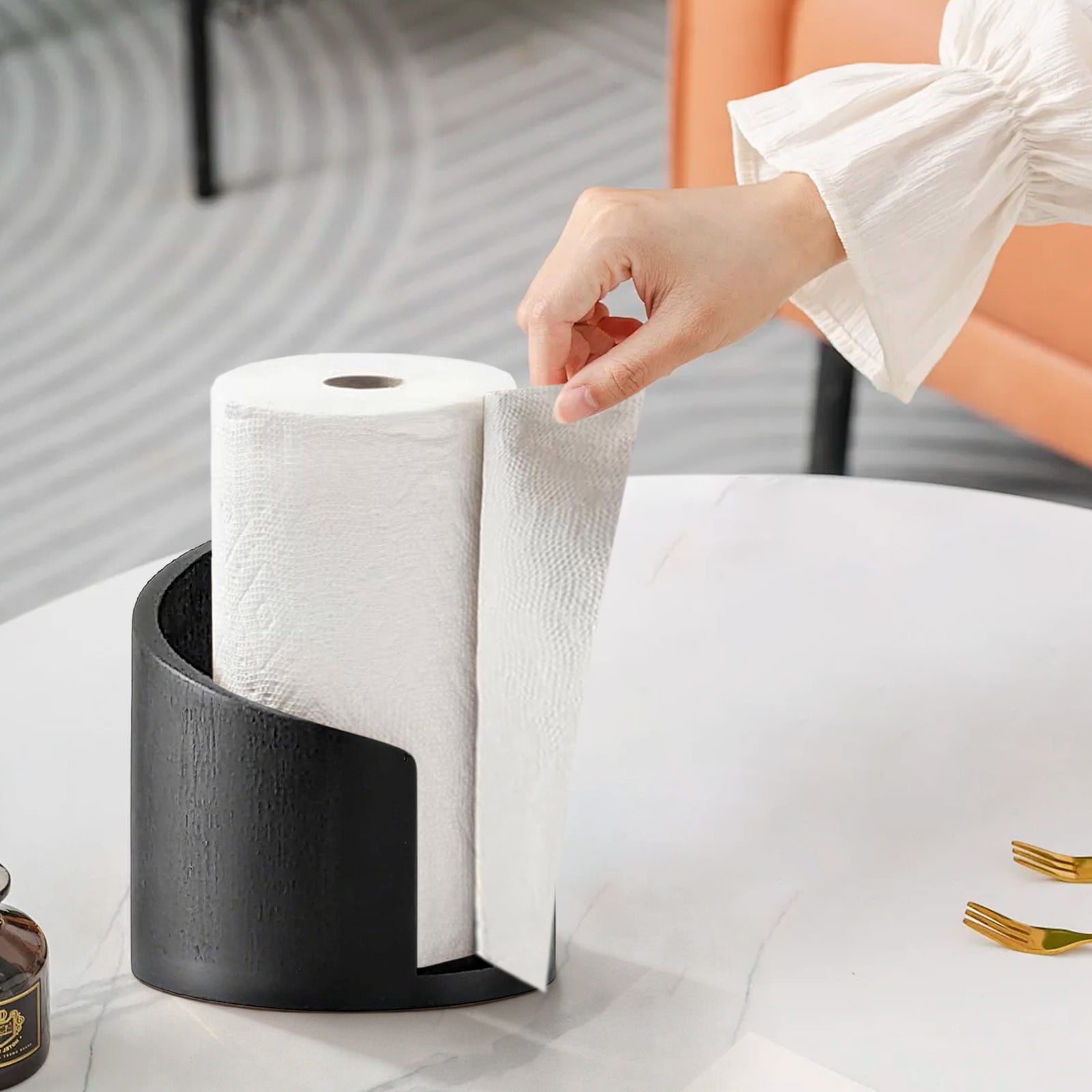 Wood Paper Towel Holder - 8.3x11.5in Free-Standing Vintage Countertop Roll Holder, with Wood Base - Great for Kitchen, Bathroom Use - Black