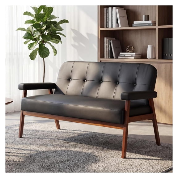 50”W Black Leather Small Office Couch, Loveseat Sofa with Wooden Arms