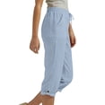 thumbnail image 3 of successthop Linen Capri Pants Women Cropped Pants Drawstring Elastic Waist Bottoms Rolled Hem Clothes with Pockets Blue, 3 of 6