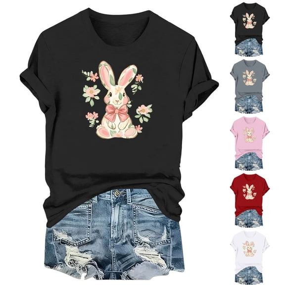 CHUMUD Happy Easter Shirts for Women Summer Casual Tees Short Sleeve Funny Bunny Flower Graphic Shirt Easter Tee Bow Colorful Tops